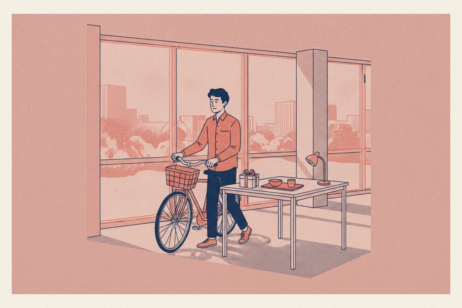 Un salarié arrive au bureau à vélo, un petit cadeau et un plateau-repas l'attendent sur son bureau