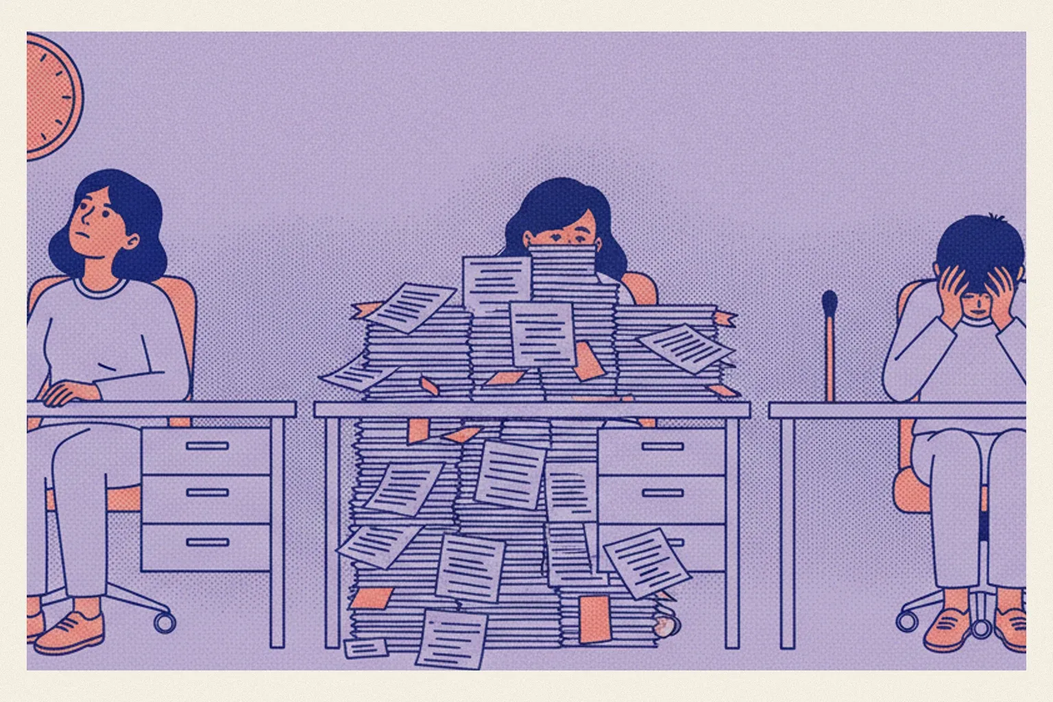 Trois bureaux côte à côte : l'un vide, l'autre couvert de formulaires identiques, le dernier avec une allumette consumée