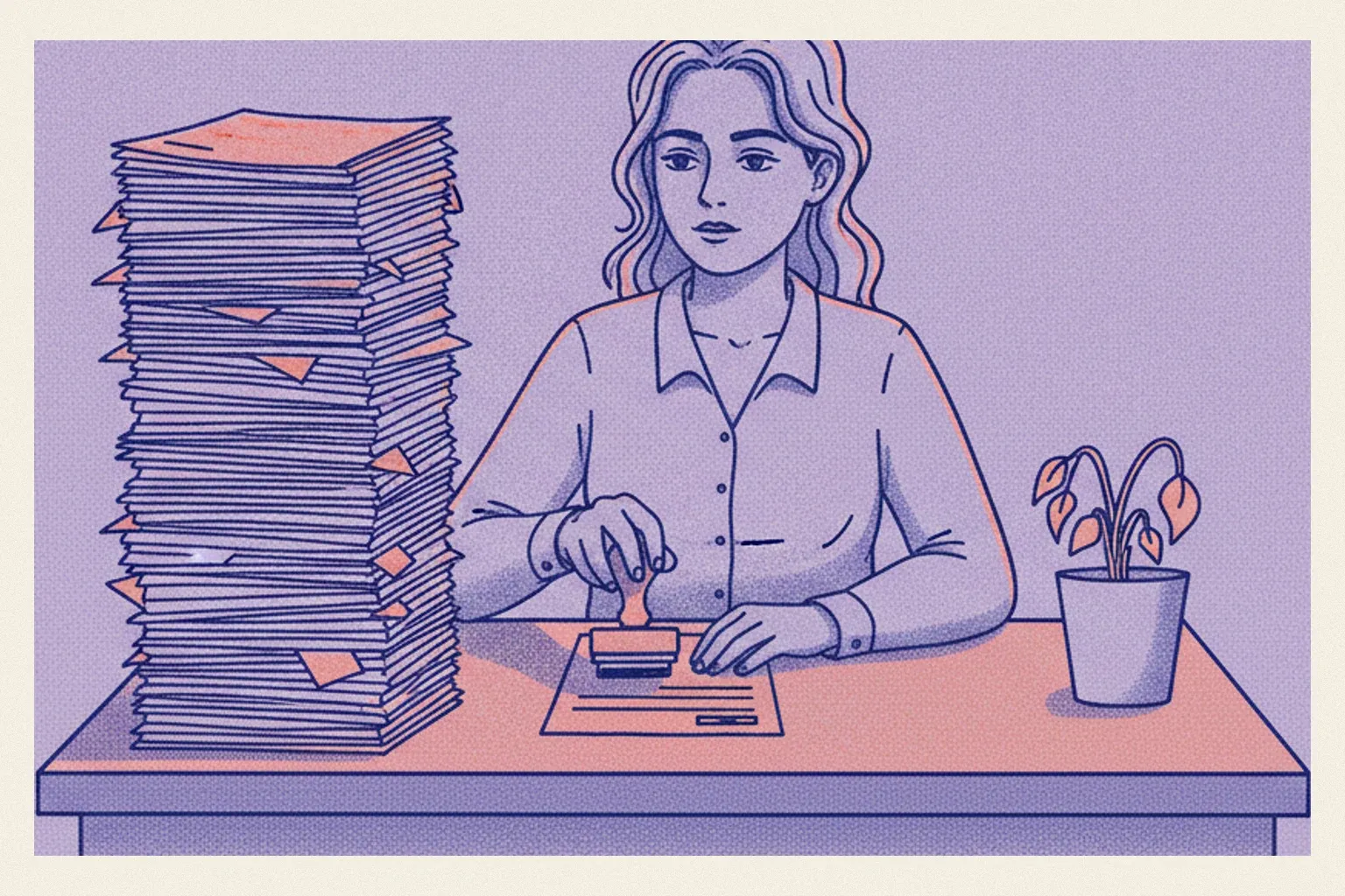 Une femme tamponne une pile de formulaires identiques, le regard absent, à côté d'une plante fanée