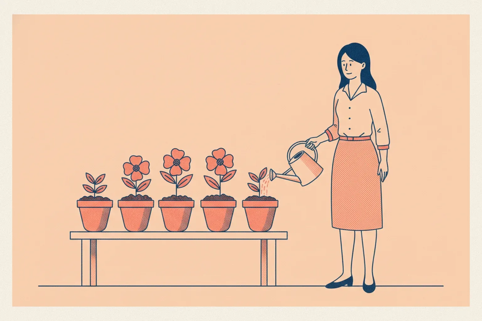 Une femme arrose une rangée de pots de fleurs alignés sur une table basse