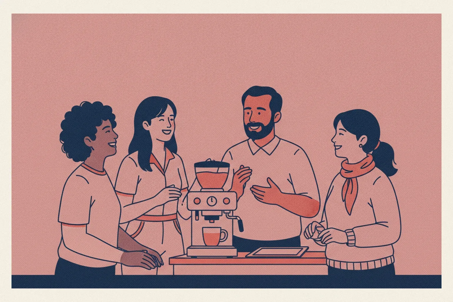 Quatre collègues discutent autour de la machine à café