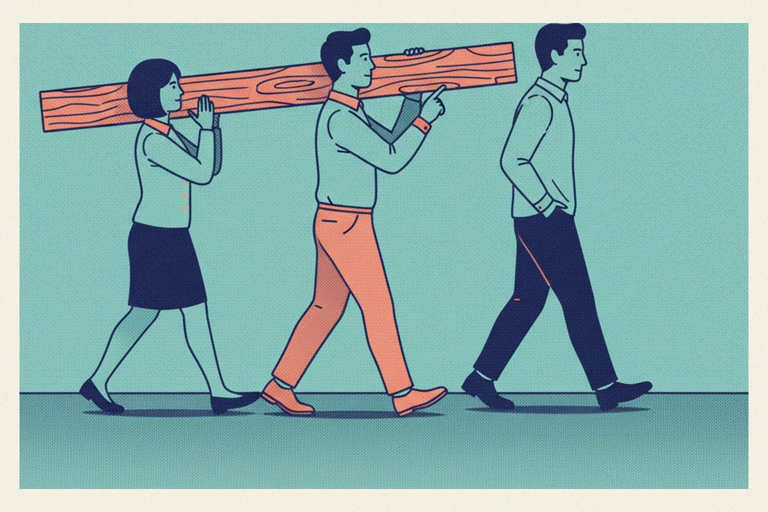 Trois collègues marchent en file : une femme porte une planche sur l'épaule, un homme la touche du doigt, le troisième avance les mains dans les poches