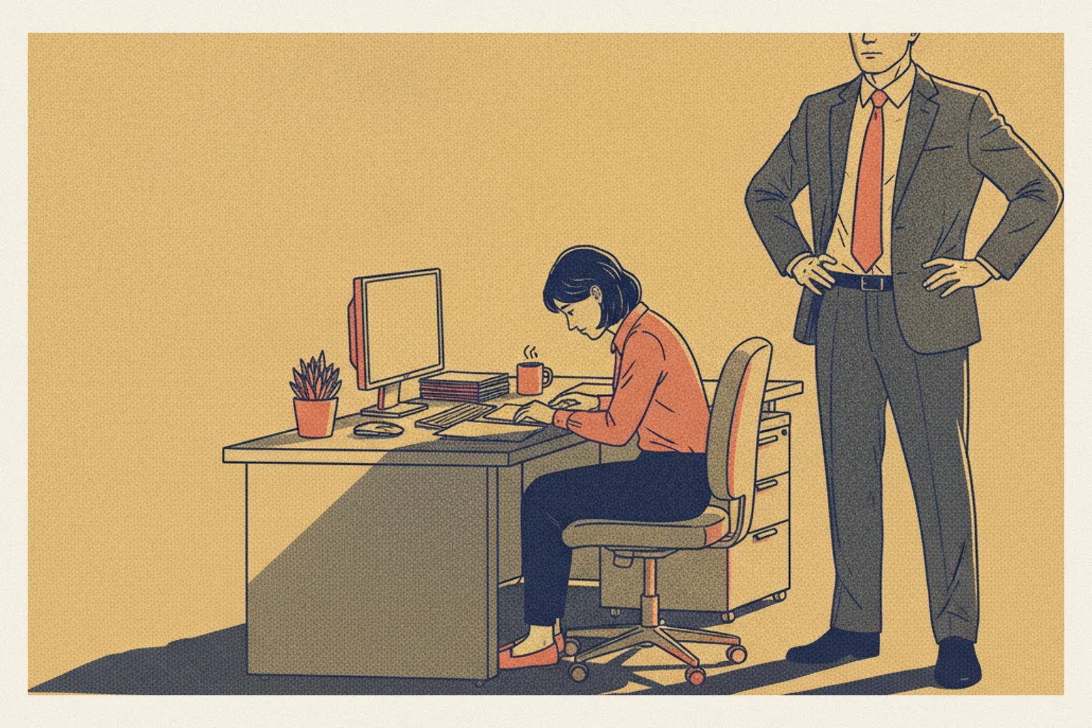 Un manager debout projette une grande ombre sur le bureau d'une salariée assise