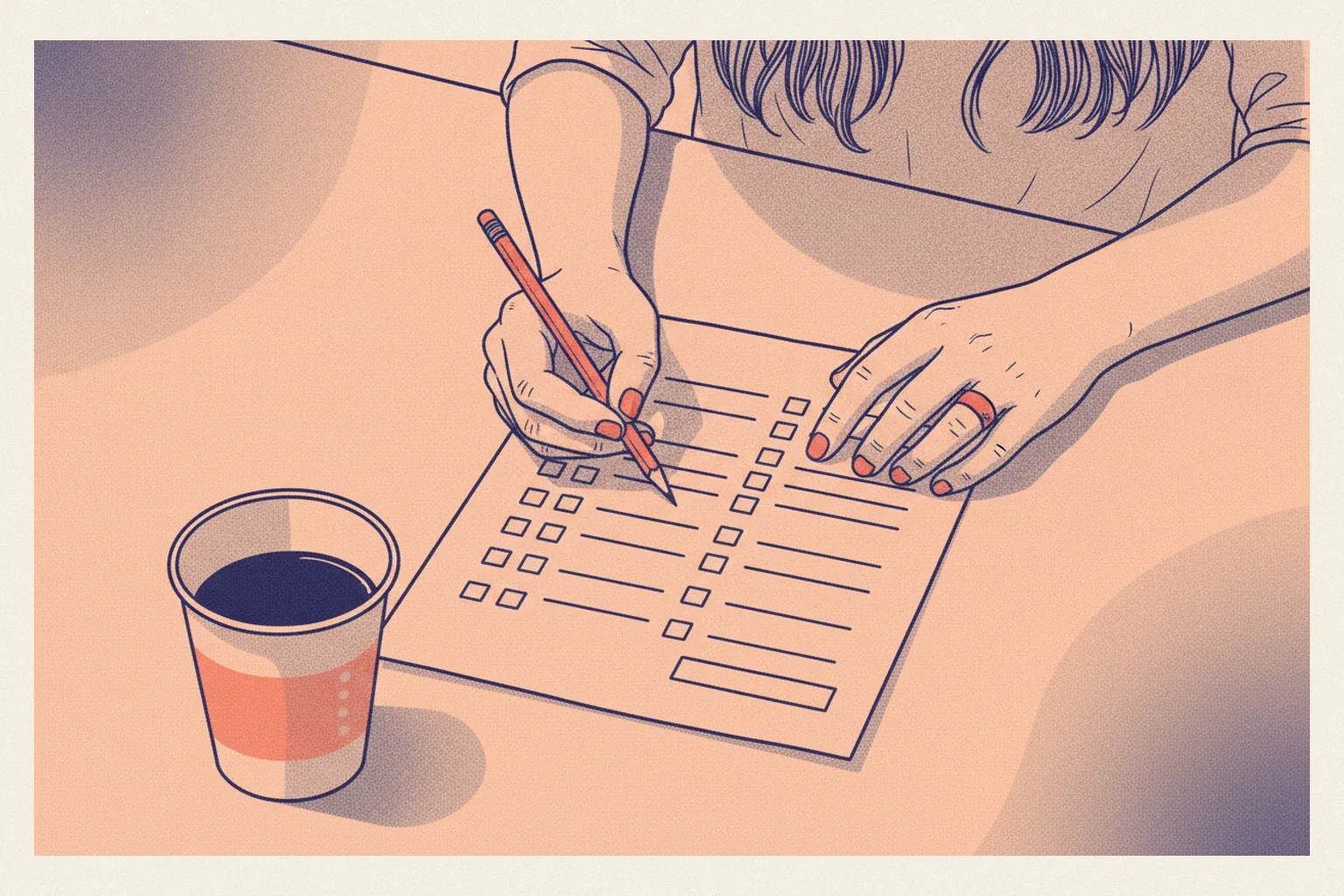 Des mains remplissent un questionnaire papier à cases