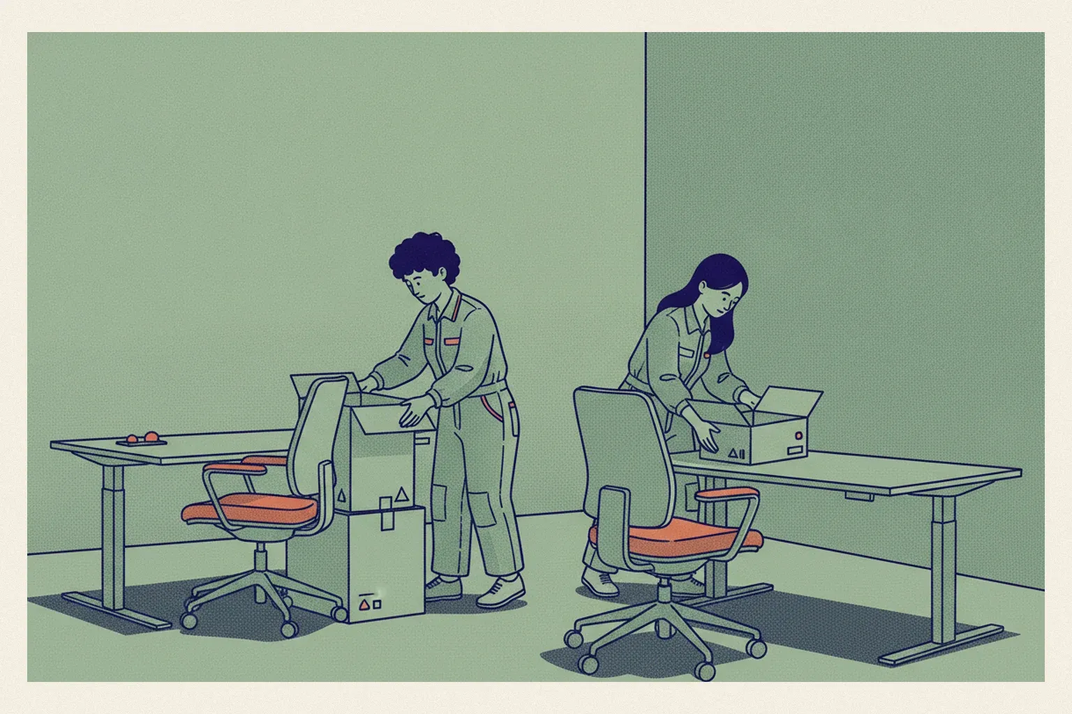 Deux personnes déballent des fauteuils ergonomiques et des bureaux réglables