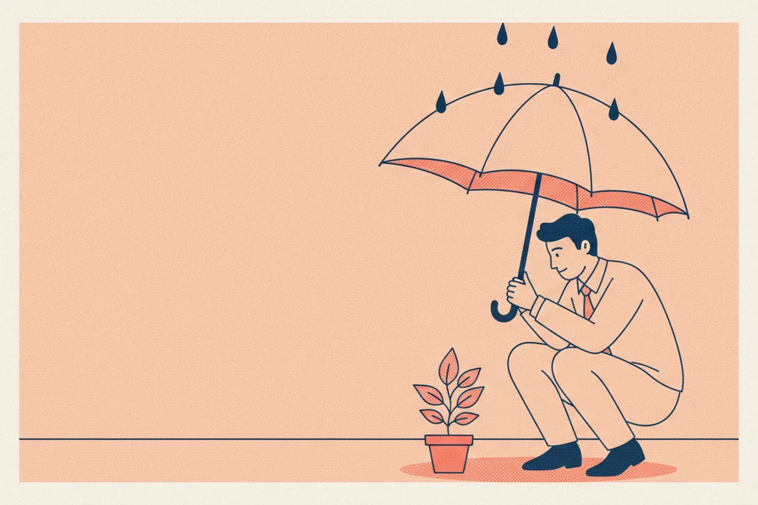 Un homme accroupi abrite sous un parapluie une plante en pot posée au sol, pendant qu'il pleut