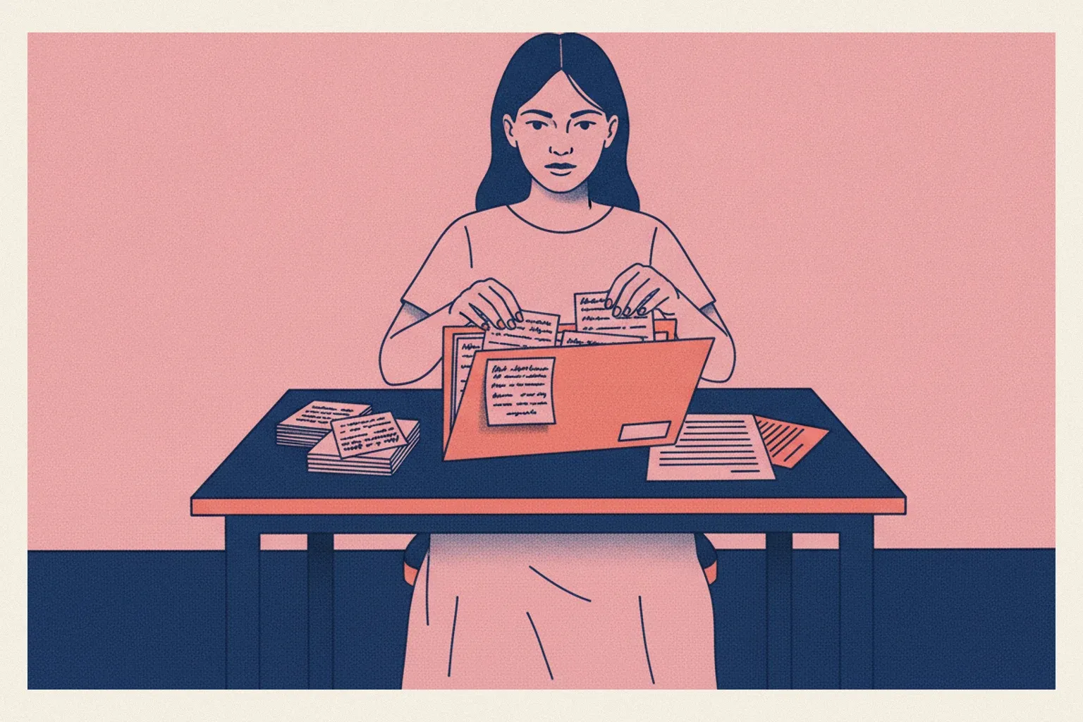 Une femme classe des notes datées et des courriels imprimés dans un dossier