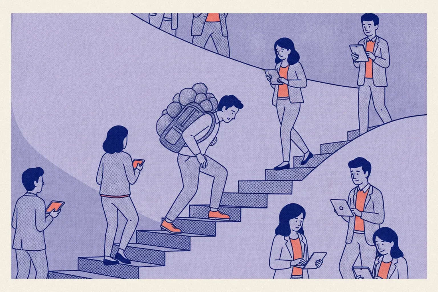 Un salarié monte un escalier en portant un sac à dos rempli de pierres