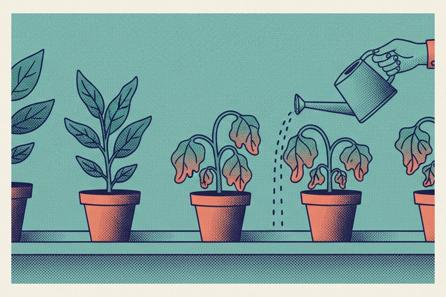 Une rangée de plantes en pot sur un rebord de fenêtre, certaines fanées, qu'une main arrose