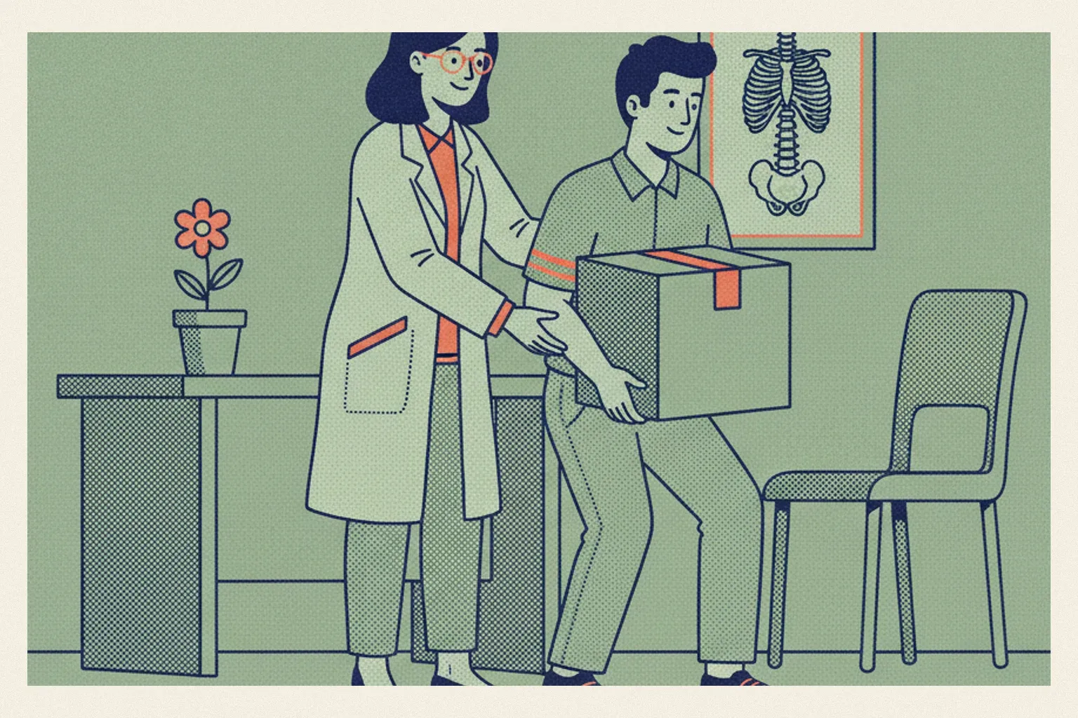 Une médecin du travail observe la posture d'un salarié qui soulève un carton