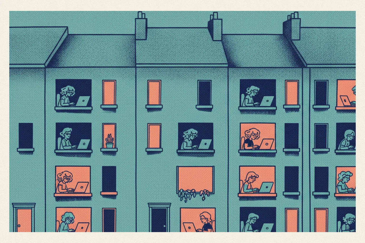 Une rue de maisons dont plusieurs fenêtres éclairées montrent une personne qui travaille