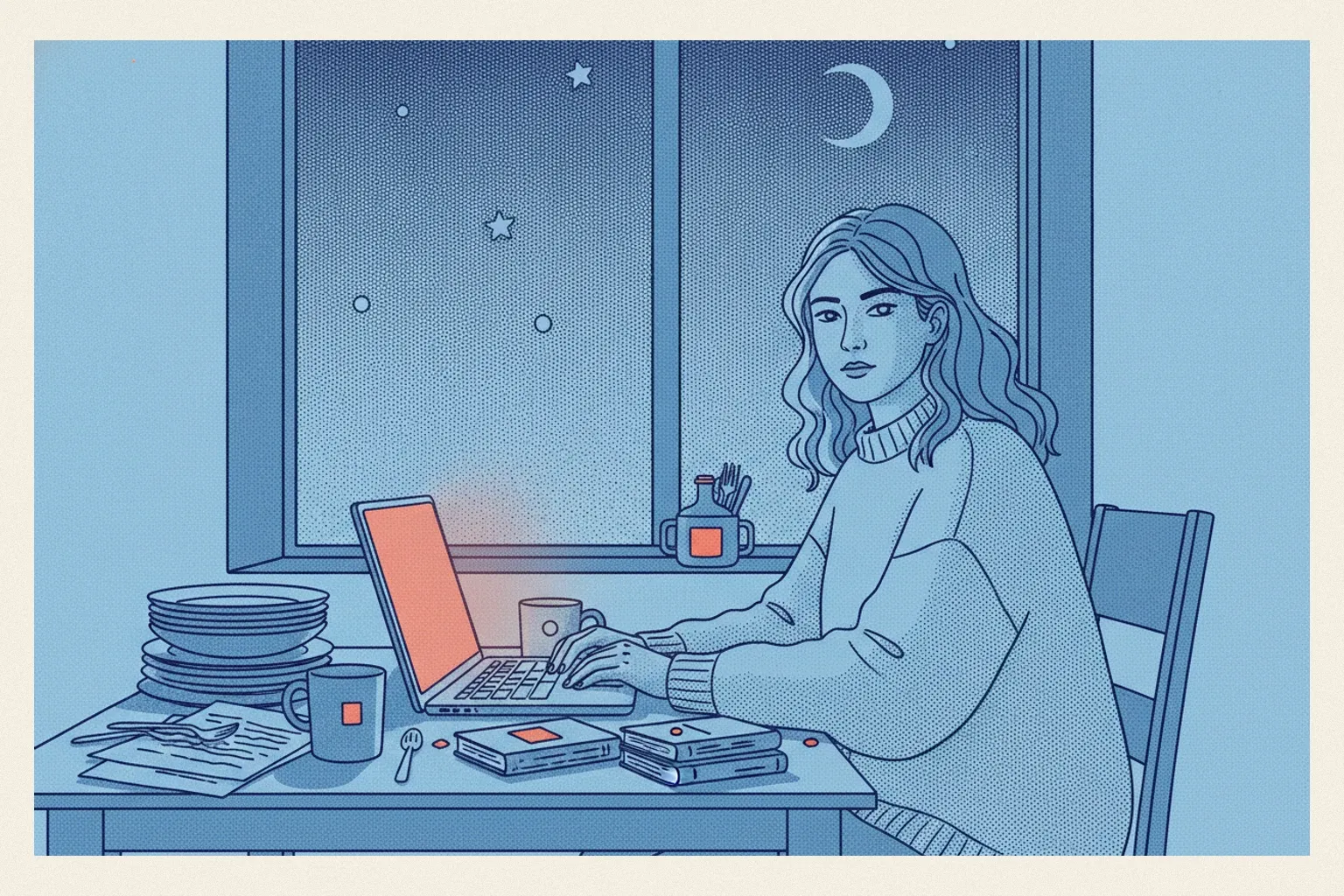 Une femme travaille sur son ordinateur à la table de la cuisine, le soir