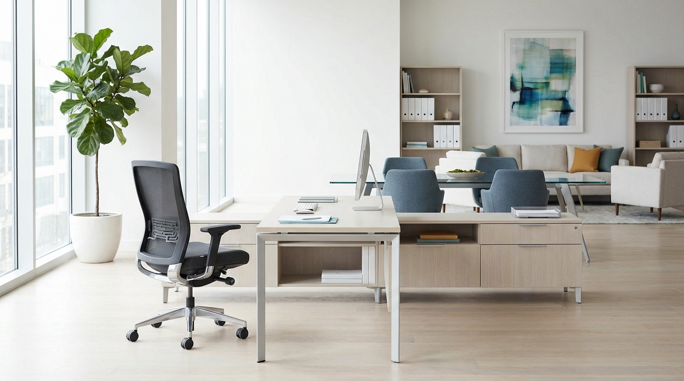 Bureau moderne avec chaise ergonomique, plantes, et espace lounge. Mobilier clair pour un environnement de travail élégant.