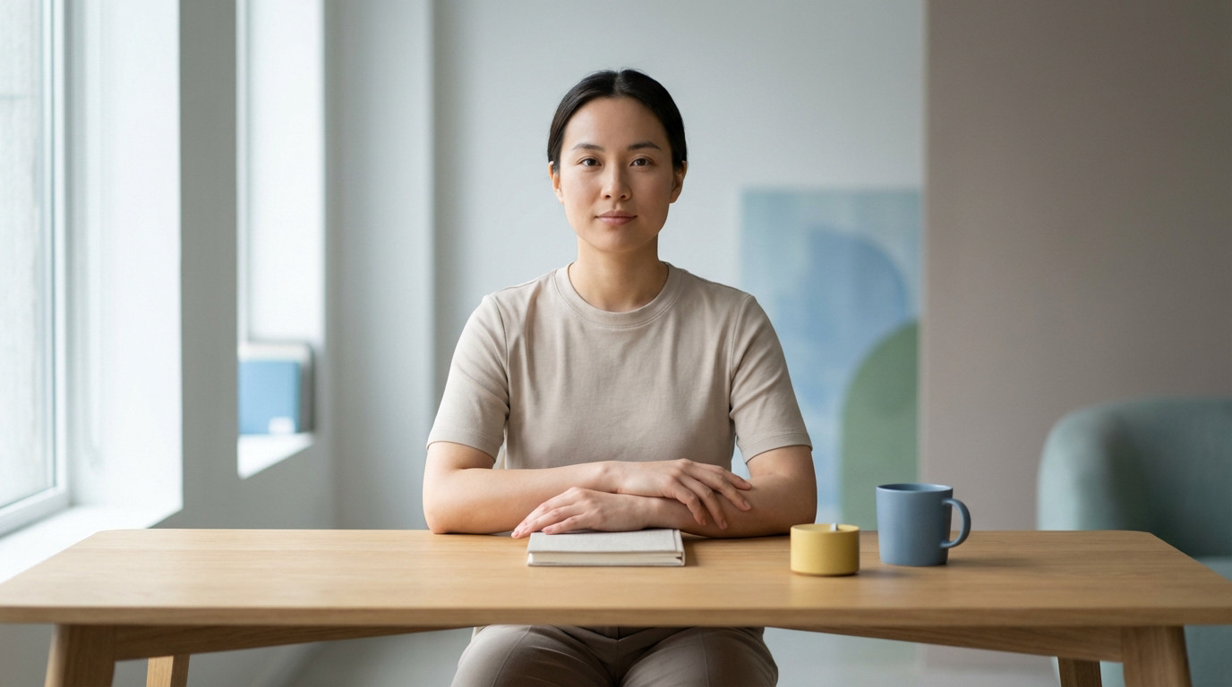 A calm woman sits at a clean, modern desk with hands on a notebook, looking forward. Natural light fills the minimalist workspace.